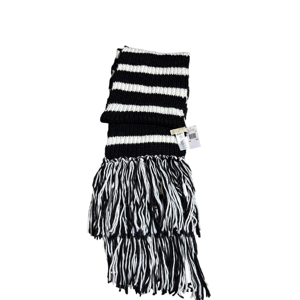 MICHAEL Michael Kors Scarf Black Cream Striped Chunky Knit Fringe Muffler NWT